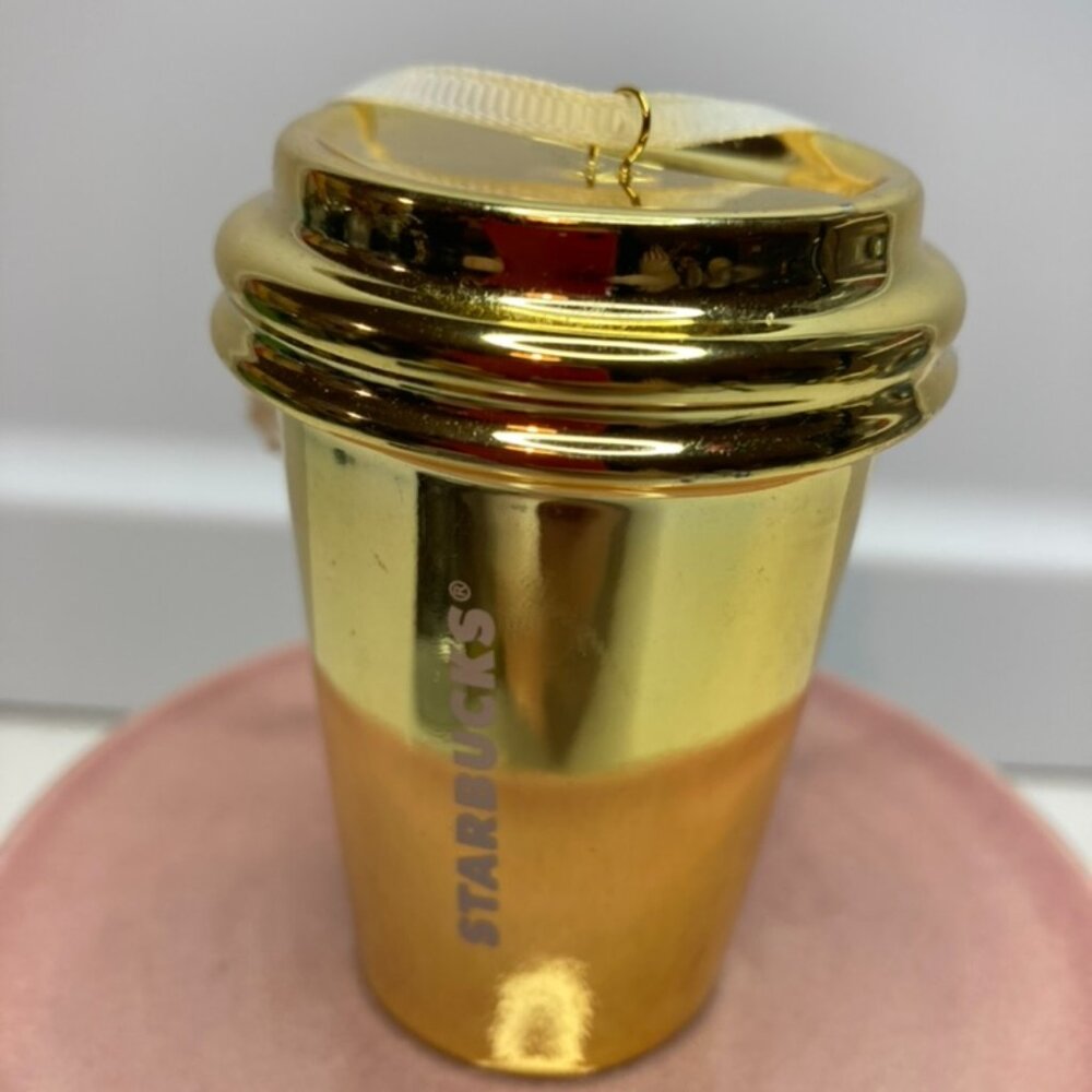 Starbucks Paper Cup Shaped Ceramic Gold Tone Christmas Ornament